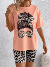 Women'S Leopard Print Round Neck T-Shirt And Shorts Set